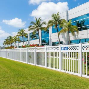 A professional installation of a durable, white vinyl privacy fence.