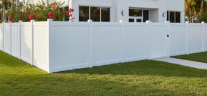 A clean, finished vinyl fence line providing flawless privacy and boundary definition.